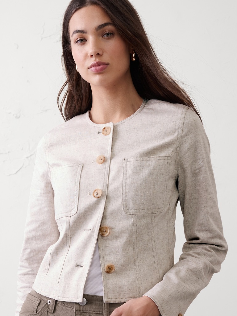 Linen-Blend Tailored Cropped Jacket