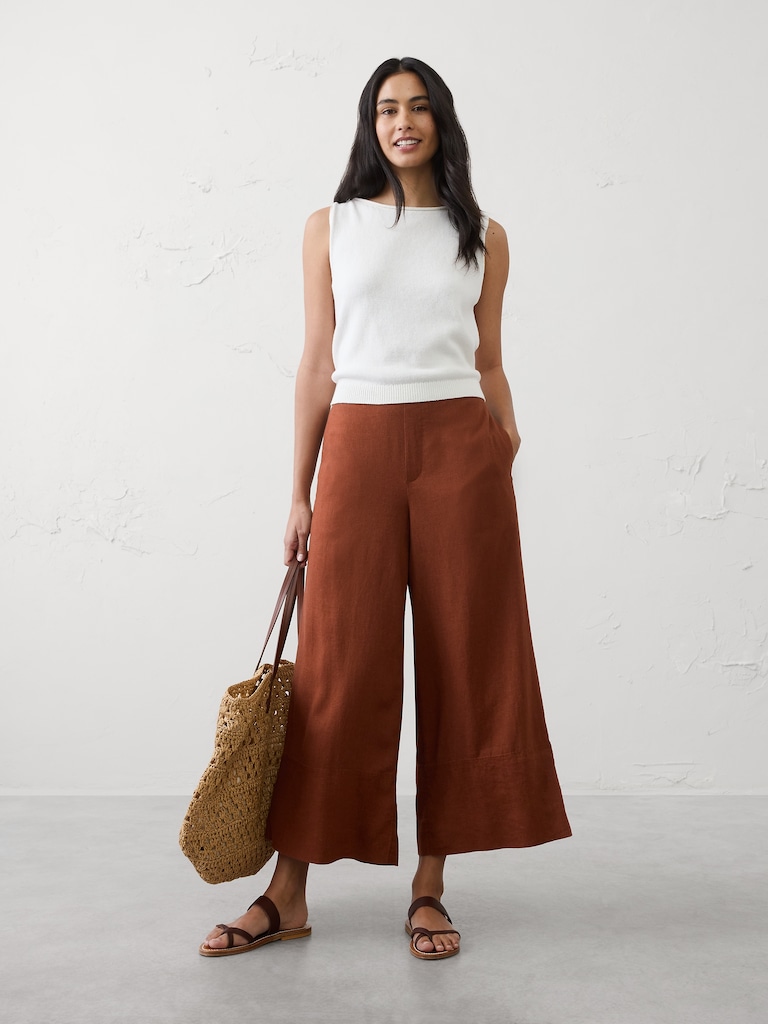 Wide-Leg High-Rise Linen-Blend Cropped Pull-On Pant