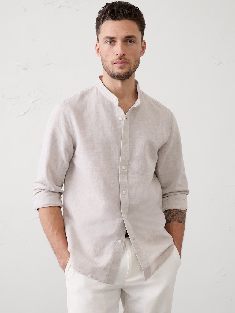 Slim-Fit Linen-Blend Banded-Collar Shirt