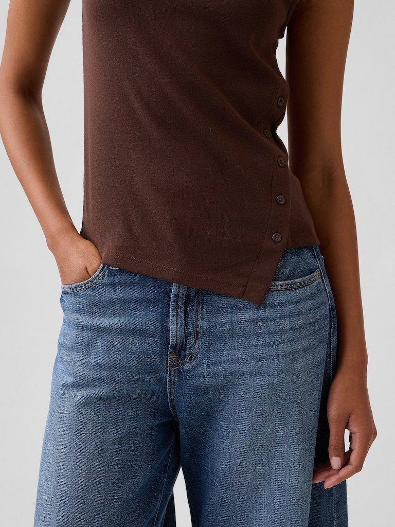 Modern Ribbed Asymmetrical Button-Side Top
