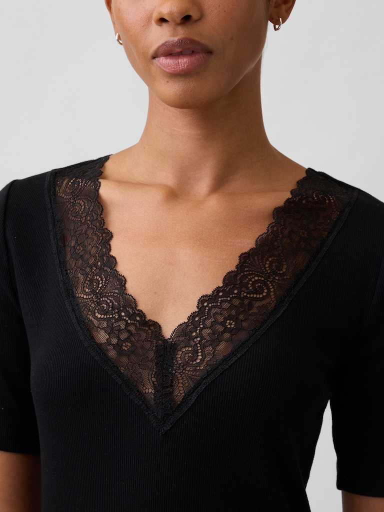 Ribbed Lace V-Neck Top