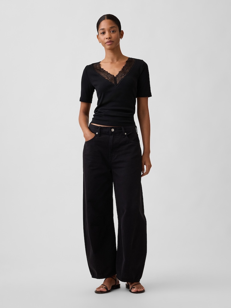 Ribbed Lace V-Neck Top