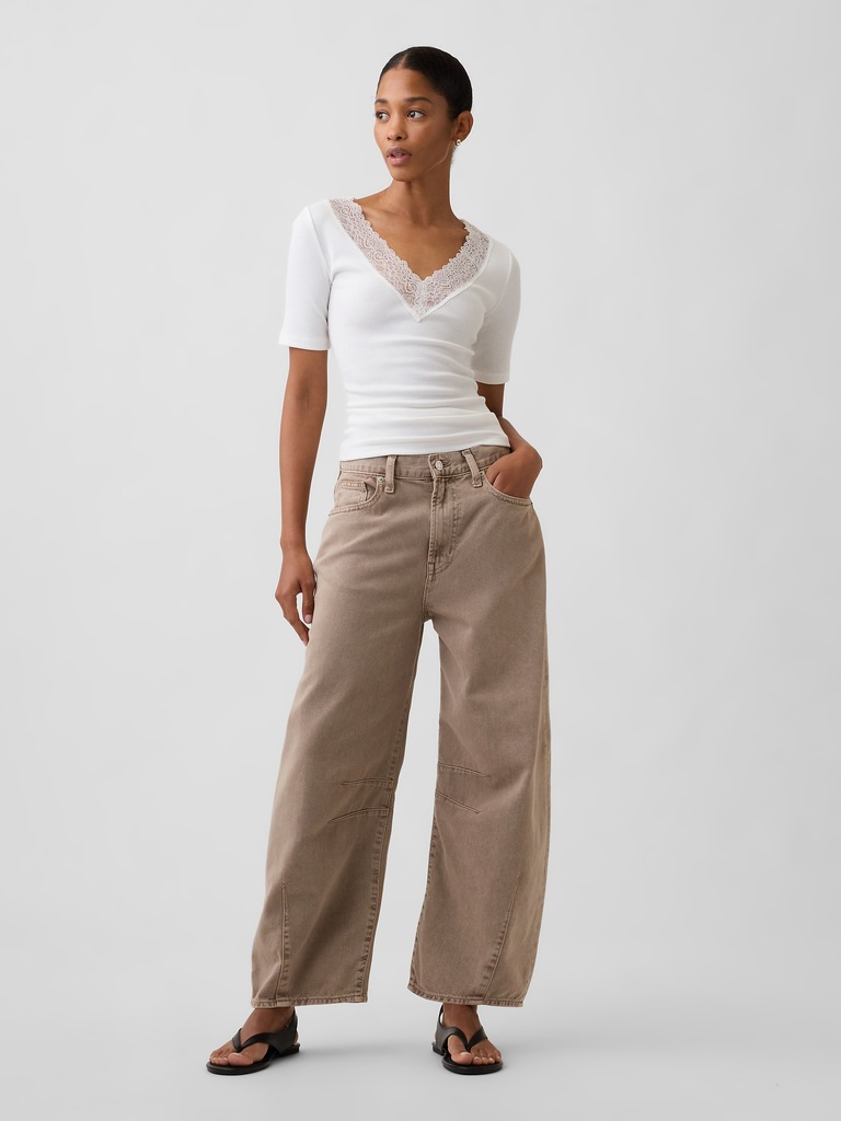 Ribbed Lace V-Neck Top