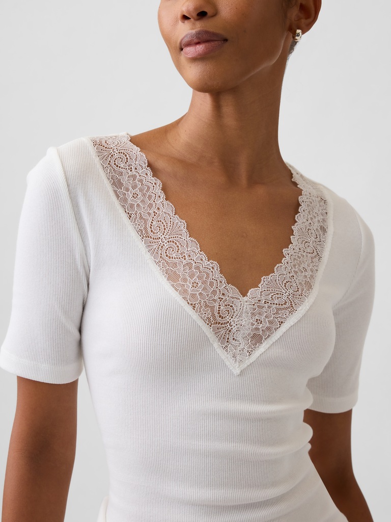 Ribbed Lace V-Neck Top