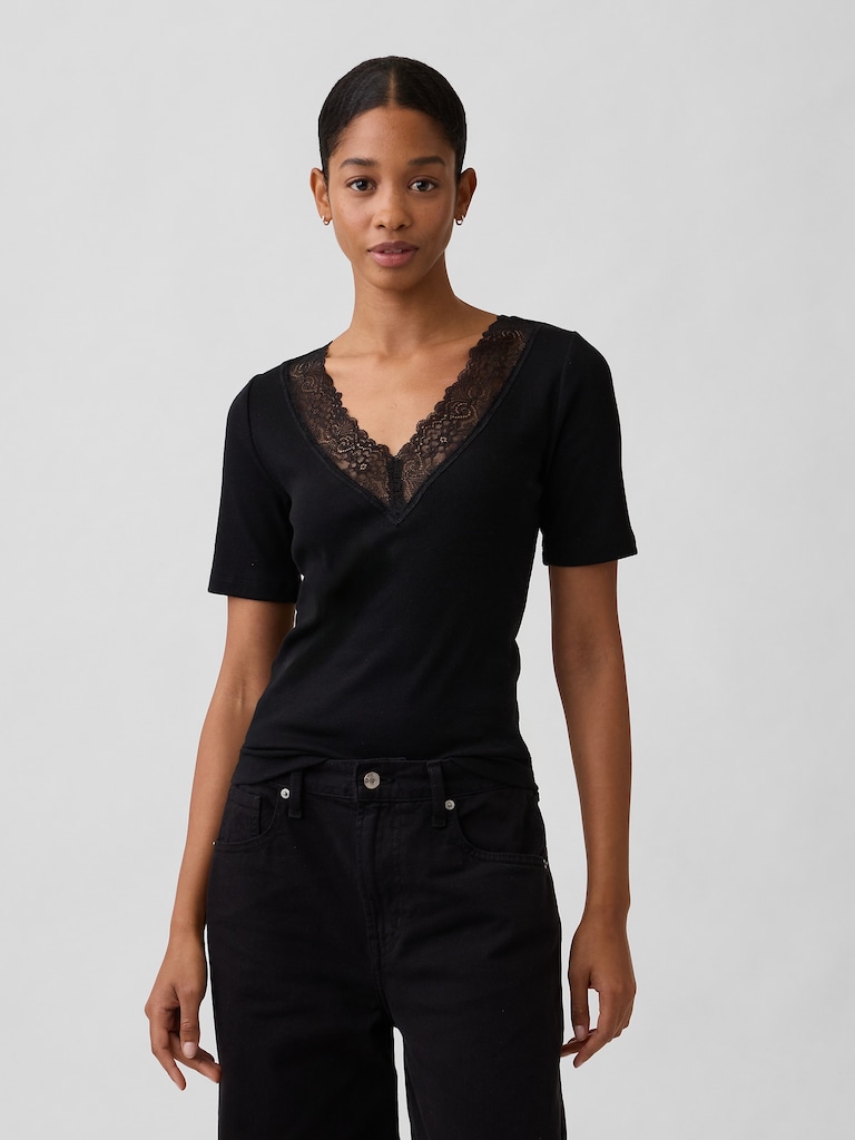Ribbed Lace V-Neck Top