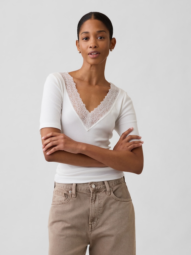 Ribbed Lace V-Neck Top