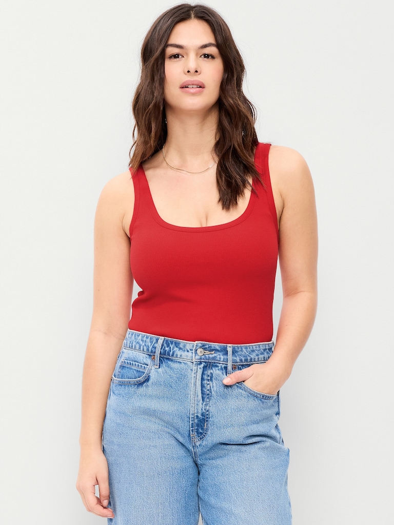 First-Layer Ribbed Scoop-Neck Tank Top