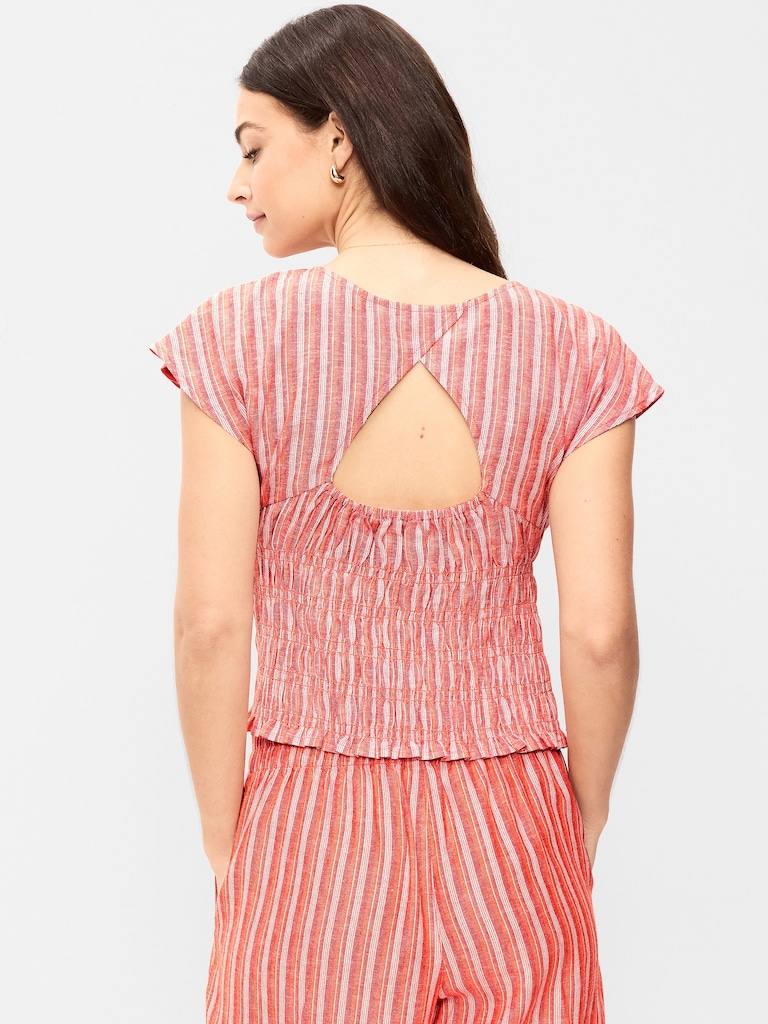 Linen-Blend Short-Sleeve Smocked Top