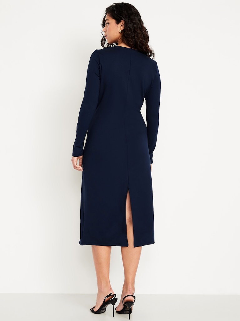 Long-Sleeve Twist-Neck Midi Dress