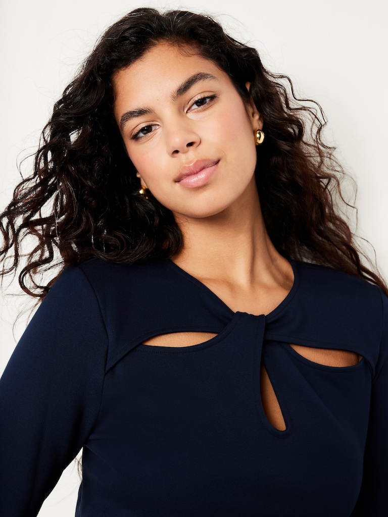 Long-Sleeve Twist-Neck Midi Dress