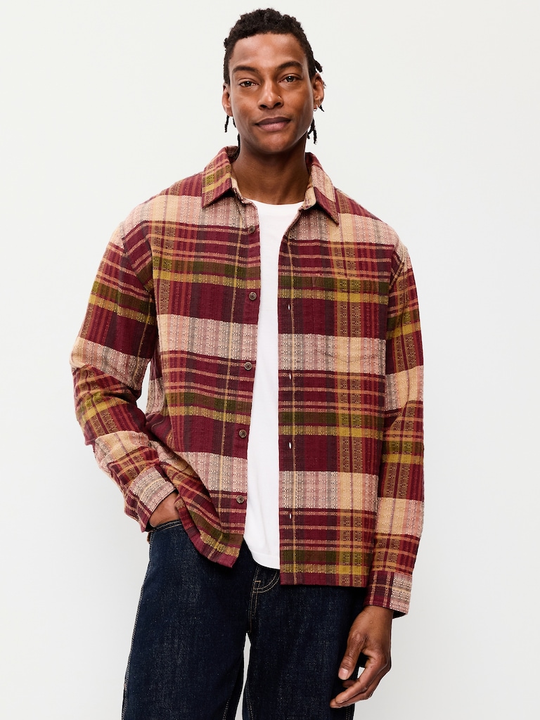 Loose Fit Textured Plaid Pocket Shirt