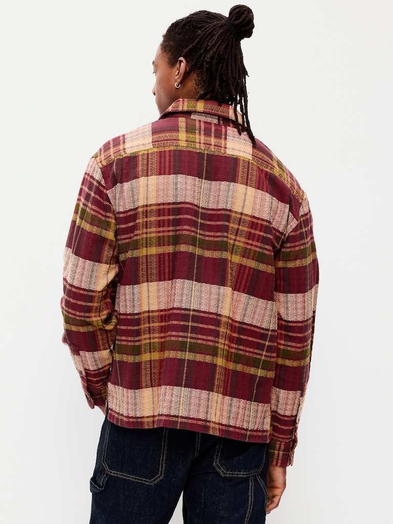 Loose Fit Textured Plaid Pocket Shirt