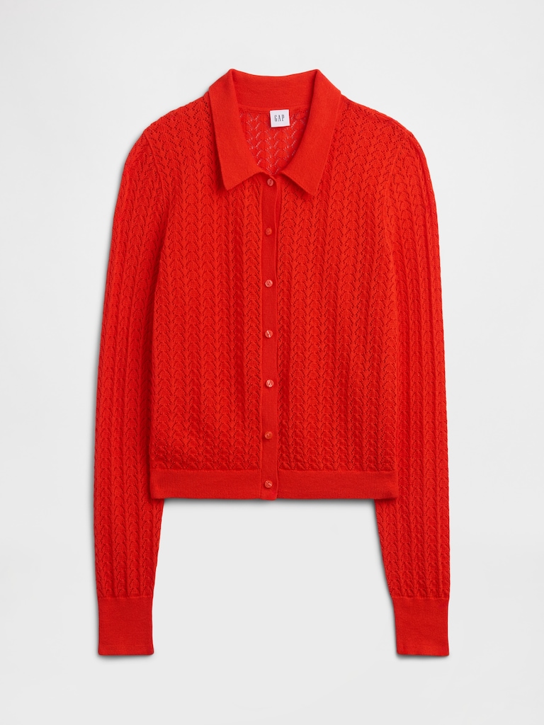 Lace-Stitch Collared Cardigan