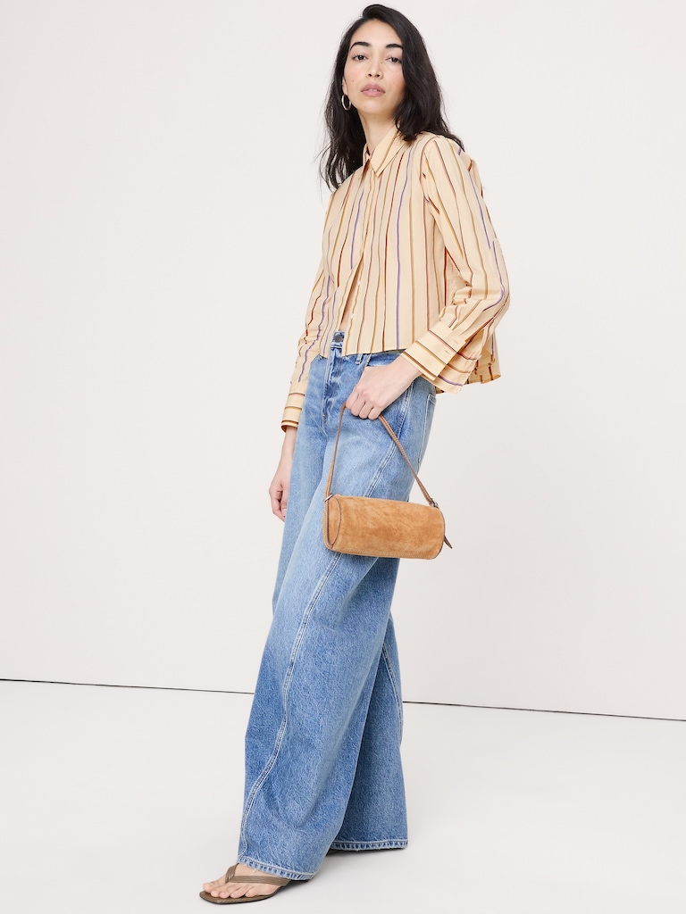 Cropped Cotton Poplin Shirt with Elbow Patches