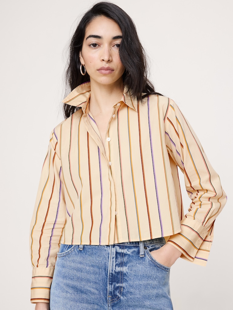 Cropped Cotton Poplin Shirt with Elbow Patches