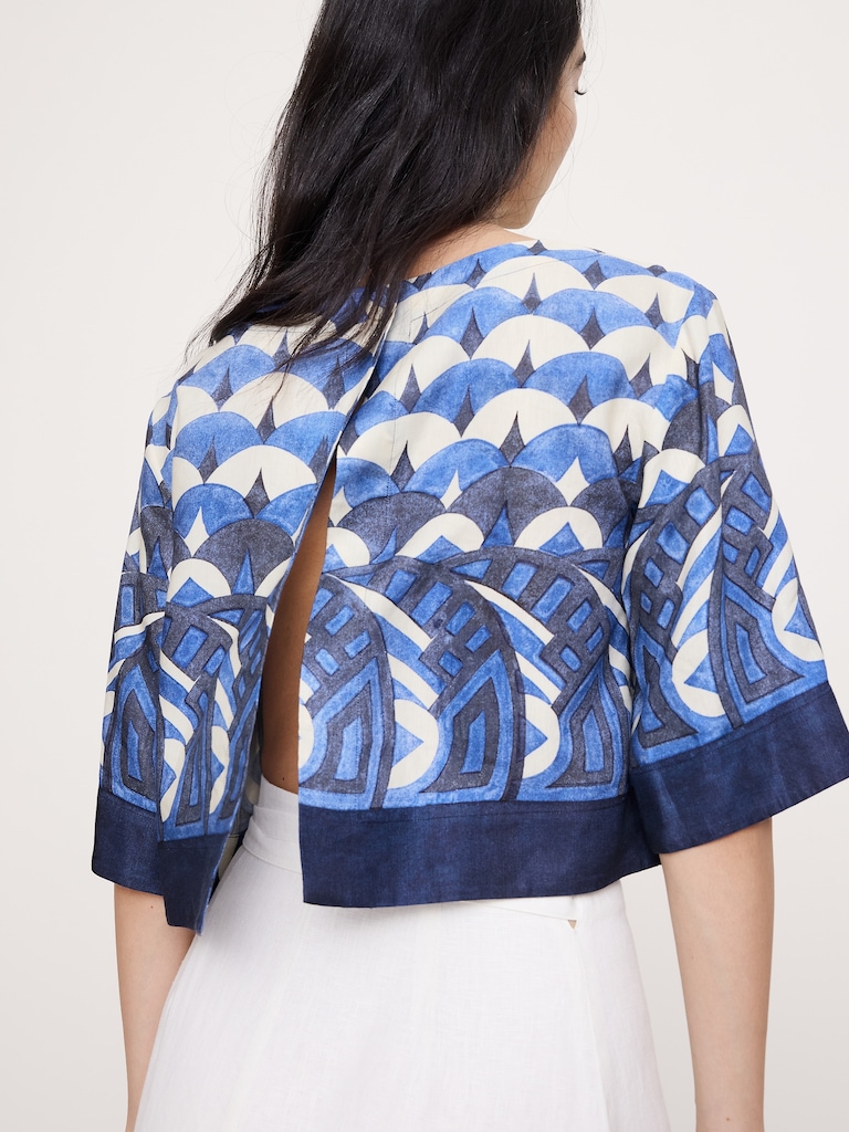 Viscose-Linen Boat-Neck Cropped Top