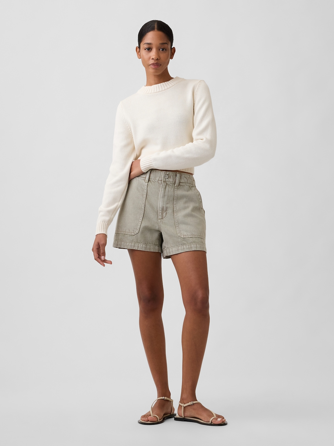 4" High Rise Soft Denim Utility Shorts