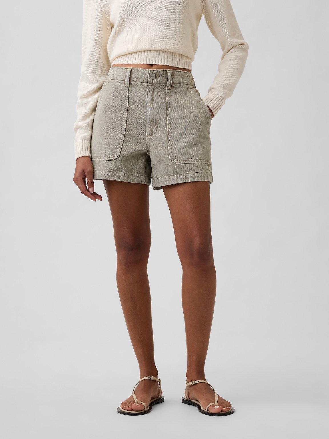 4" High Rise Soft Denim Utility Shorts