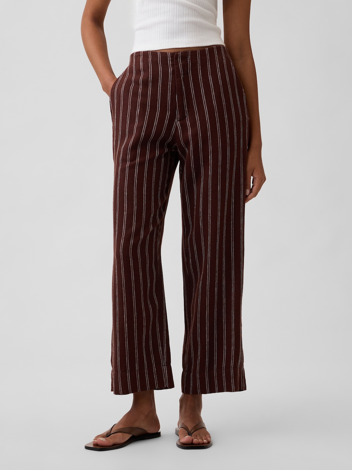 High Rise Linen-Blend Straight Crop Pants