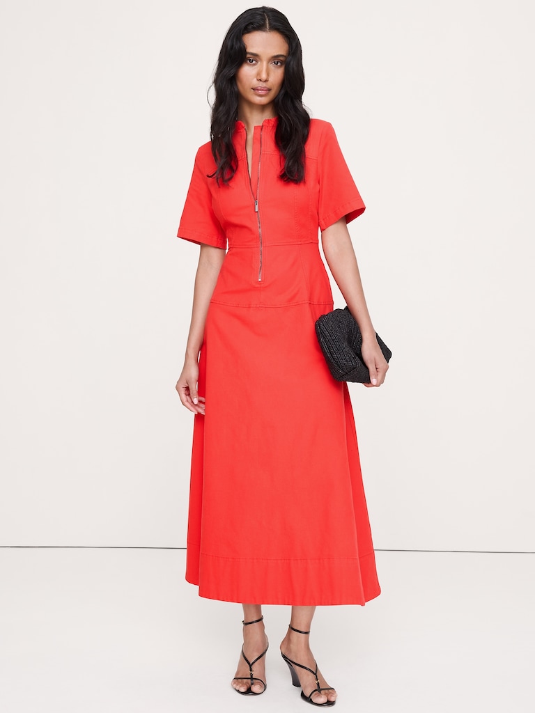 Cotton Canvas Zip-Front Maxi Dress
