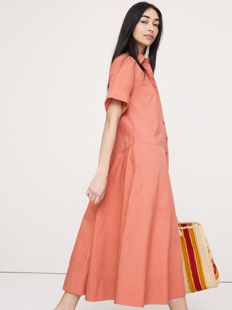 Cotton Poplin Trapeze Maxi Shirt Dress
