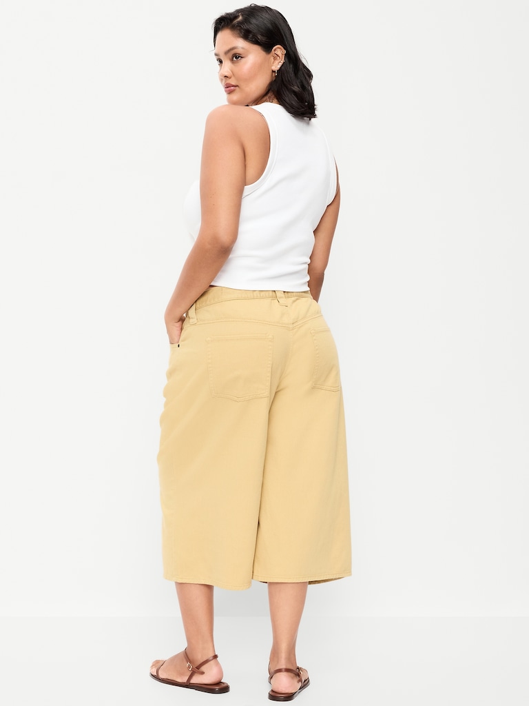Mid-Rise Baggy Drawstring Wide-Leg Culotte Pants