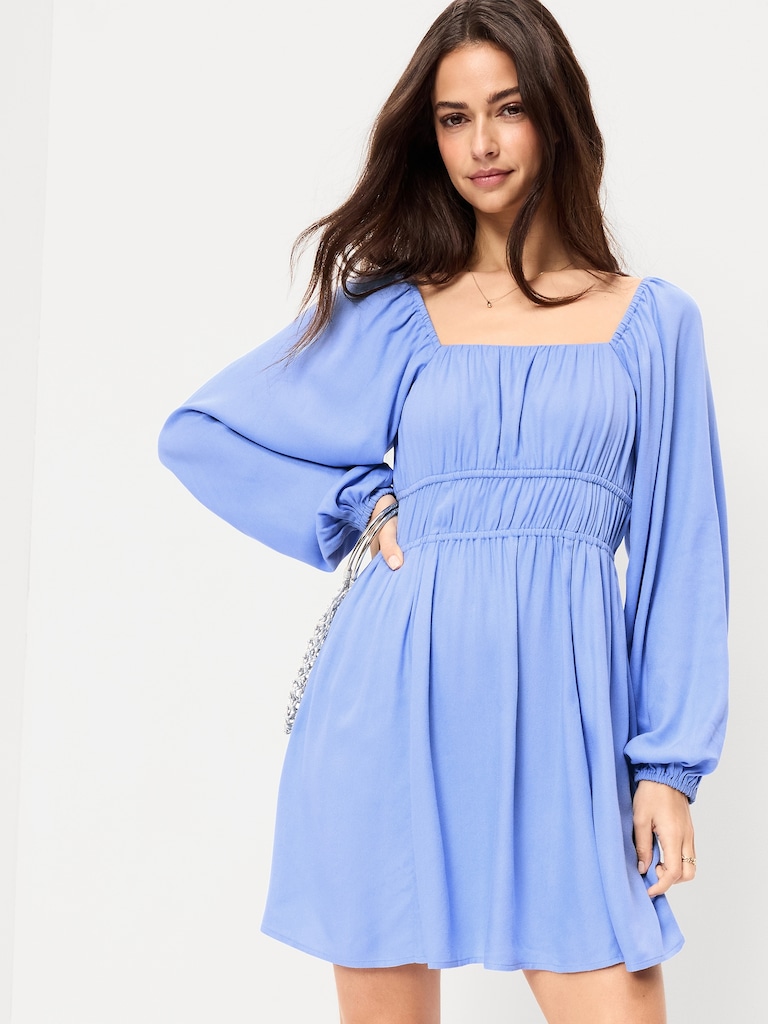 Long-Sleeve Square-Neck Mini Dress