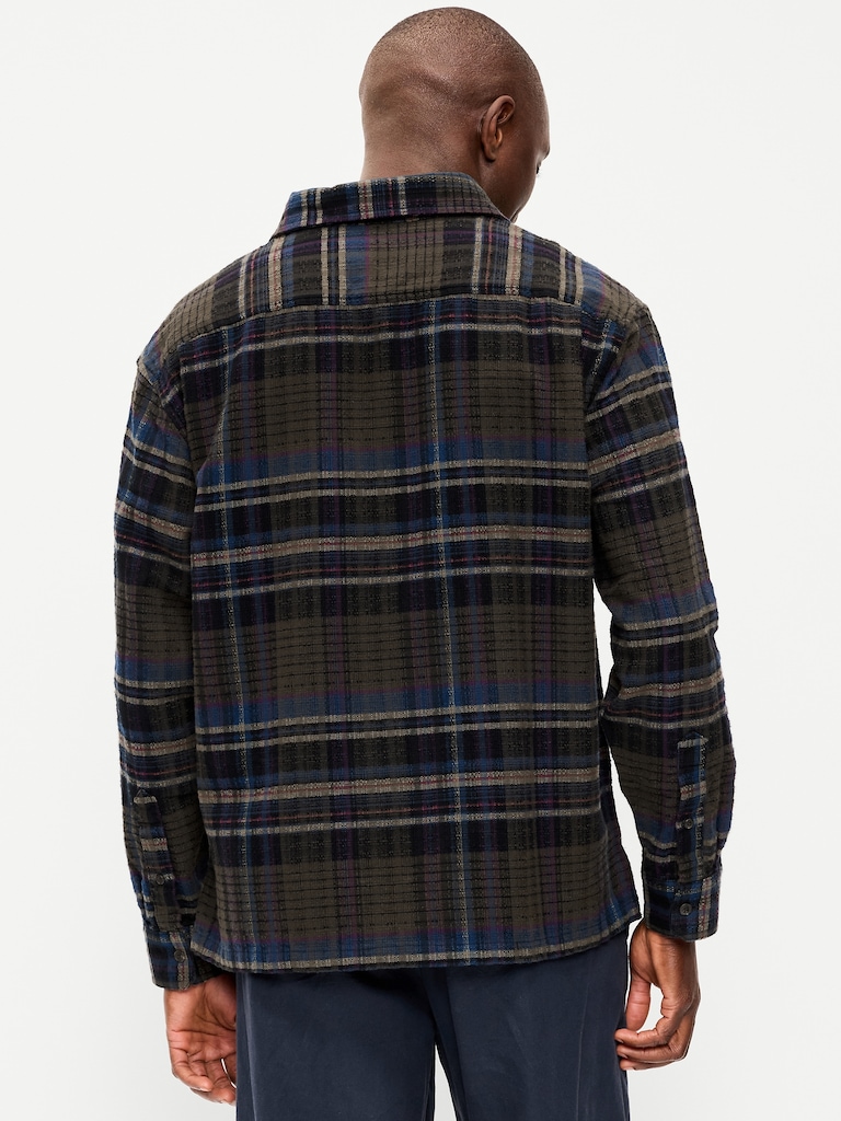 Loose Fit Textured Plaid Pocket Shirt