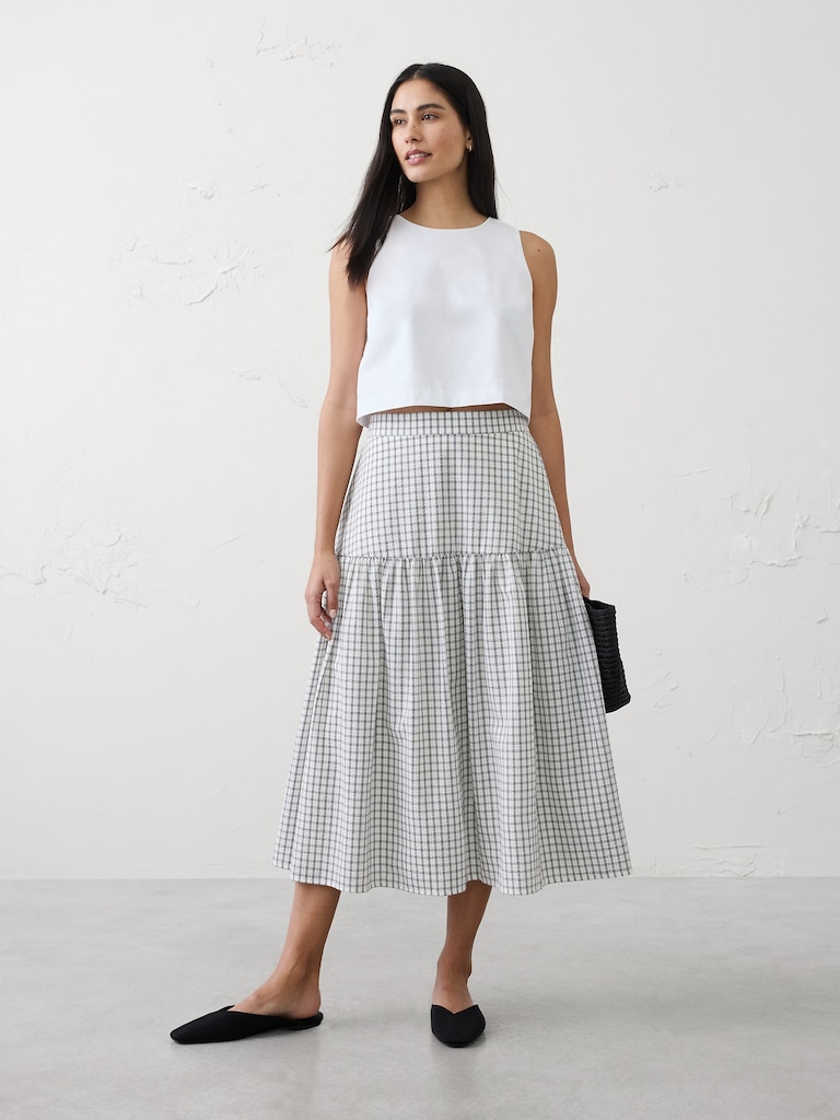 Seersucker Tiered Midi Skirt