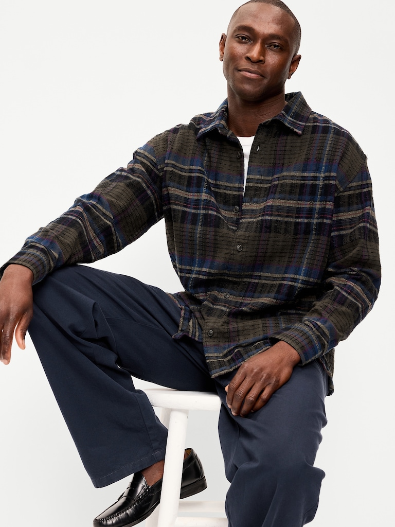 Loose Fit Textured Plaid Pocket Shirt