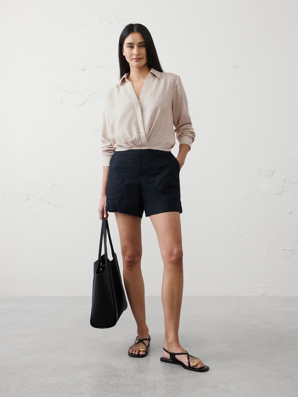 Linen-Blend Surplice Short Top