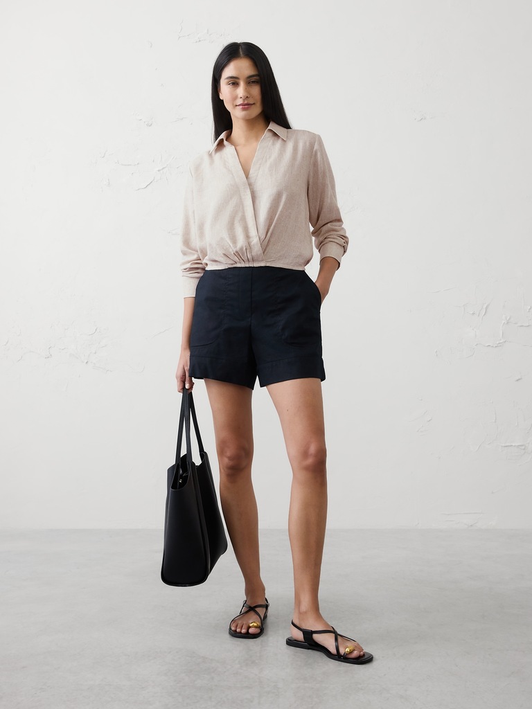 Linen-Blend Surplice Short Top