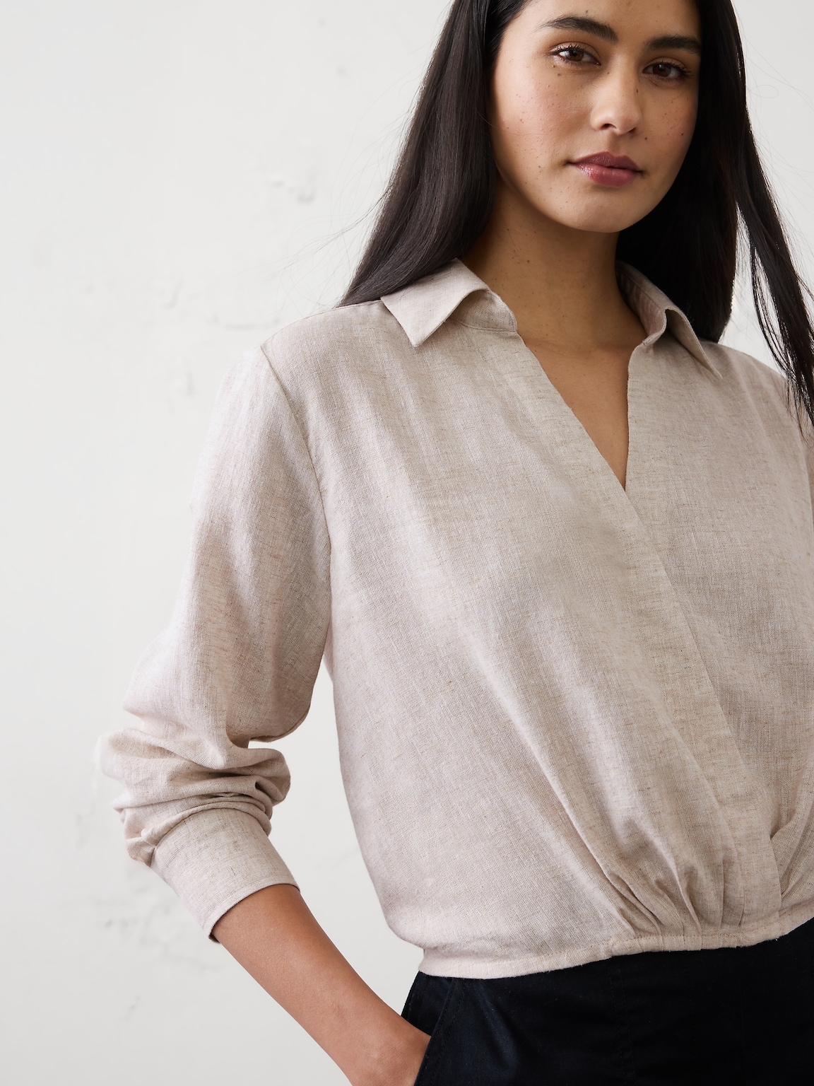 Linen-Blend Surplice Short Top