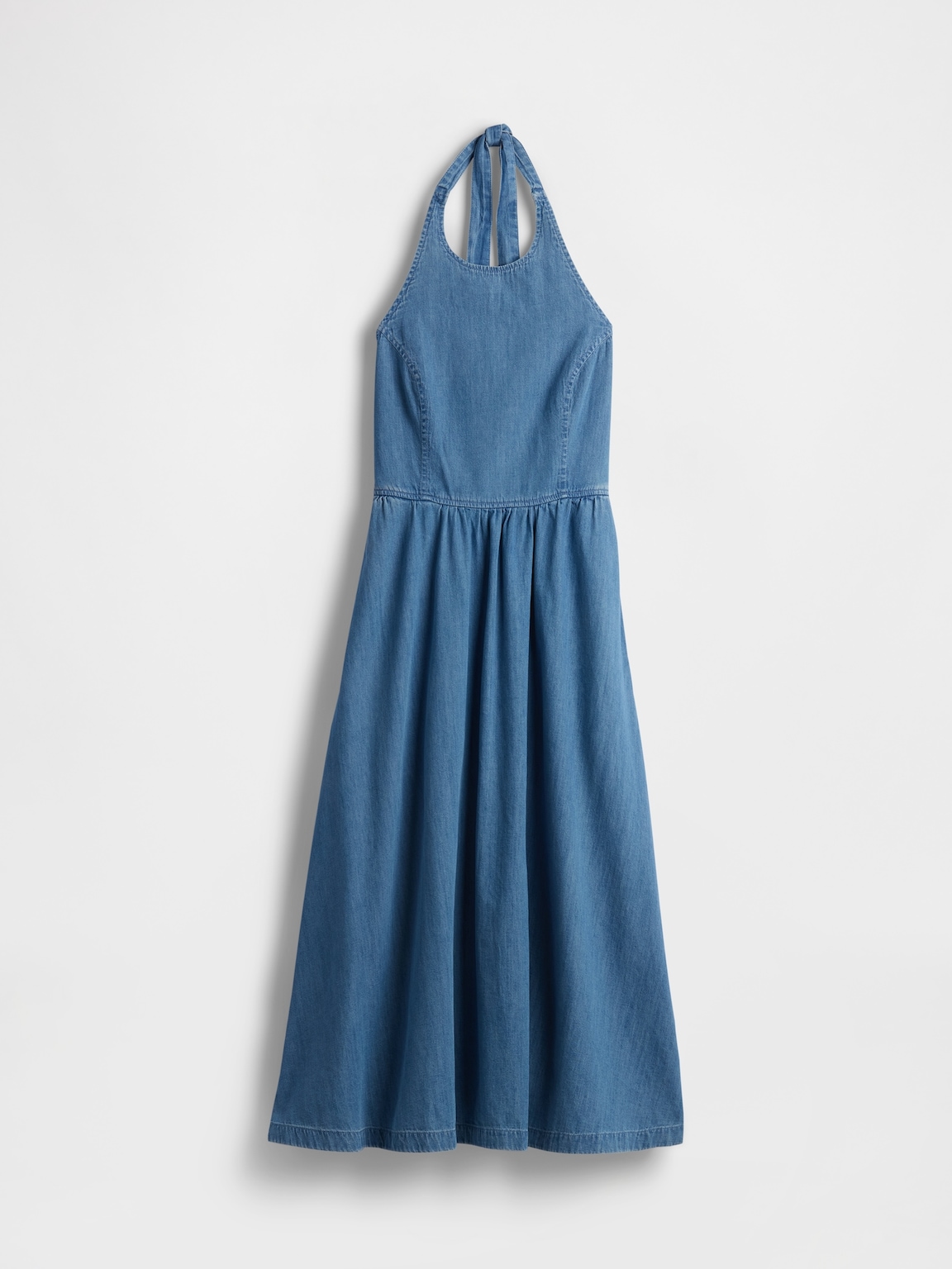 Denim Tie-Back Halter Maxi Dress