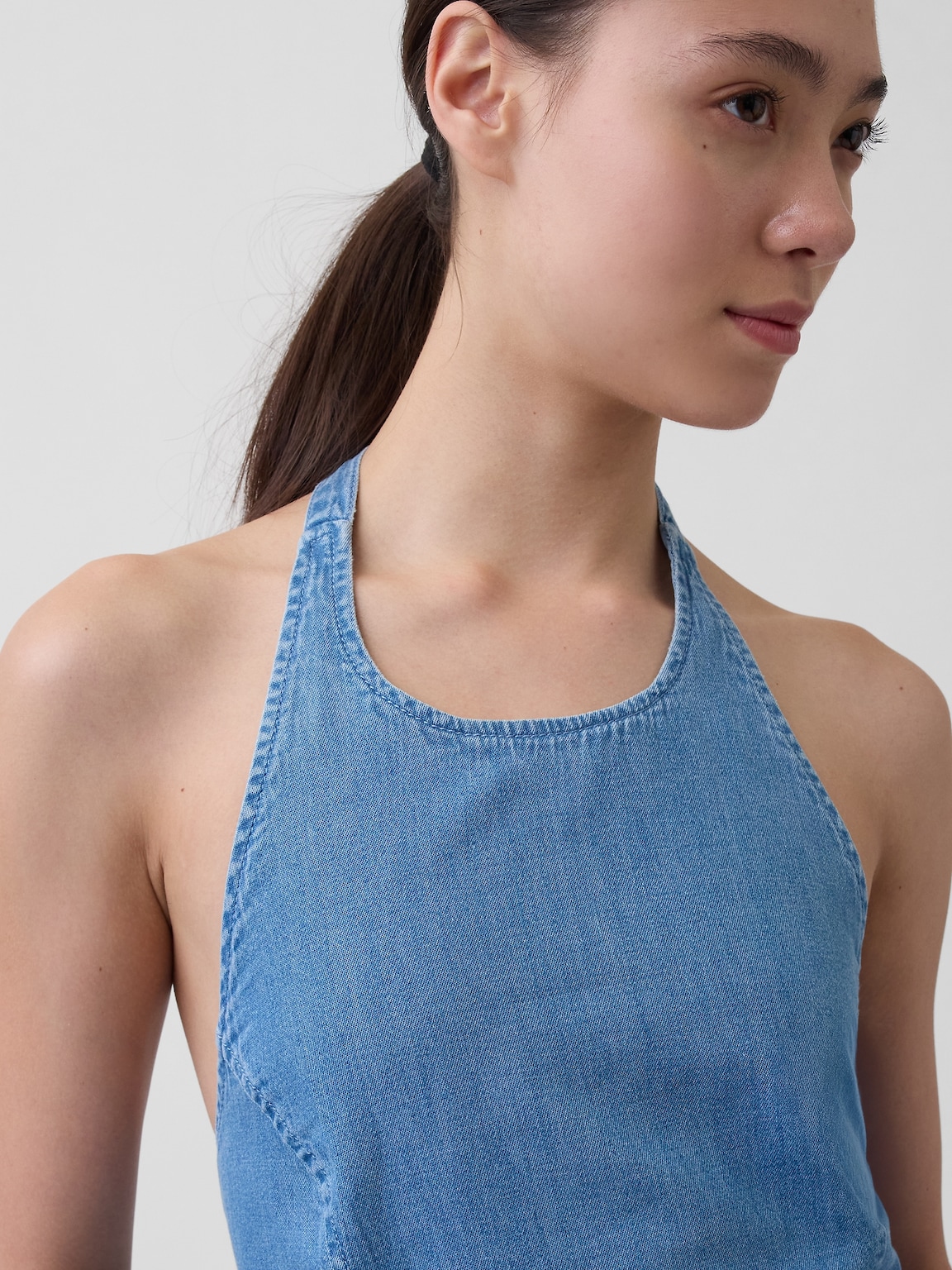 Denim Tie-Back Halter Maxi Dress