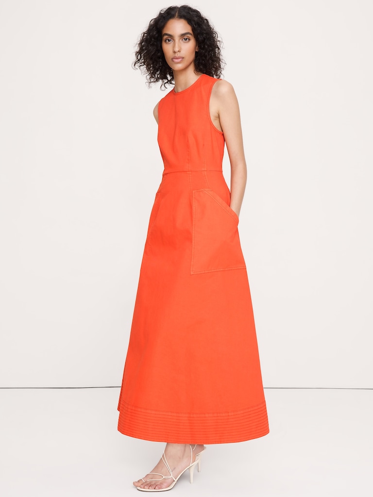 Cotton Canvas Utility Pocket Maxi Dress