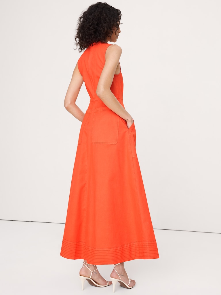 Cotton Canvas Utility Pocket Maxi Dress