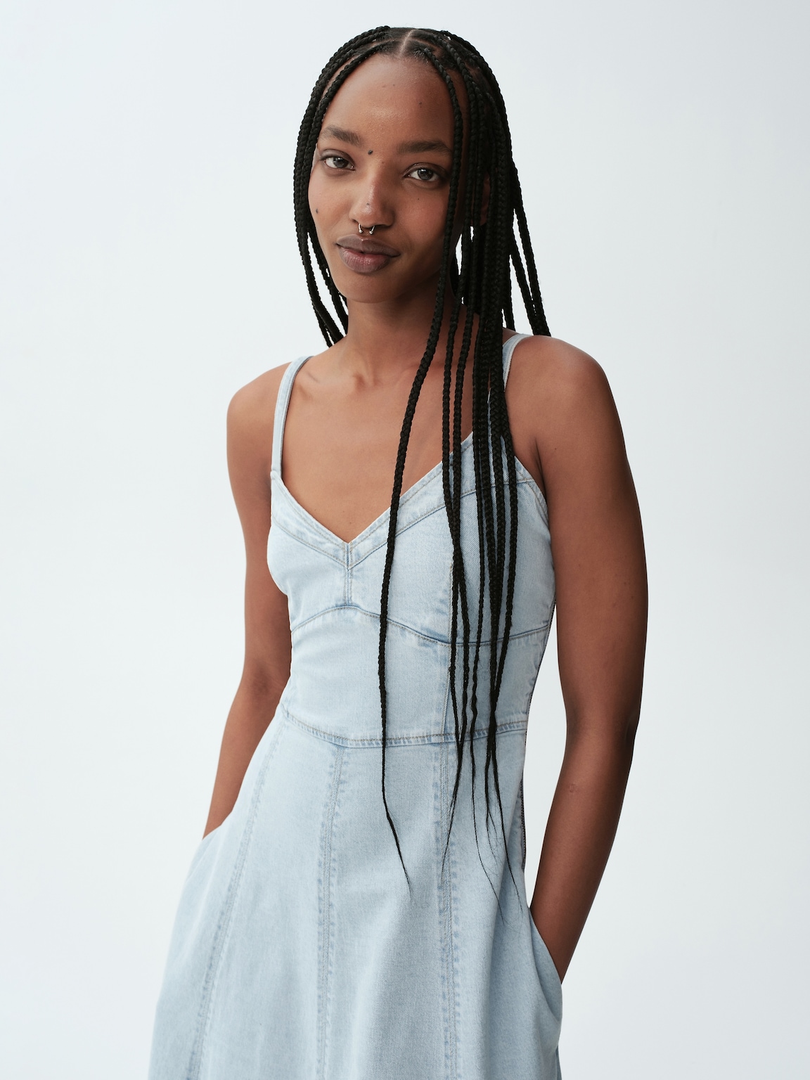 Denim Seamed Corset Maxi Dress