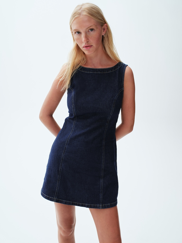Denim Boatneck Open-Back Mini Dress
