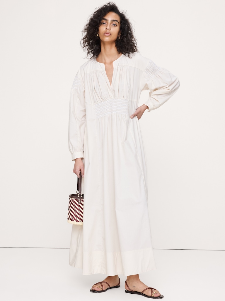 Smocked Cotton Poplin Maxi Dress