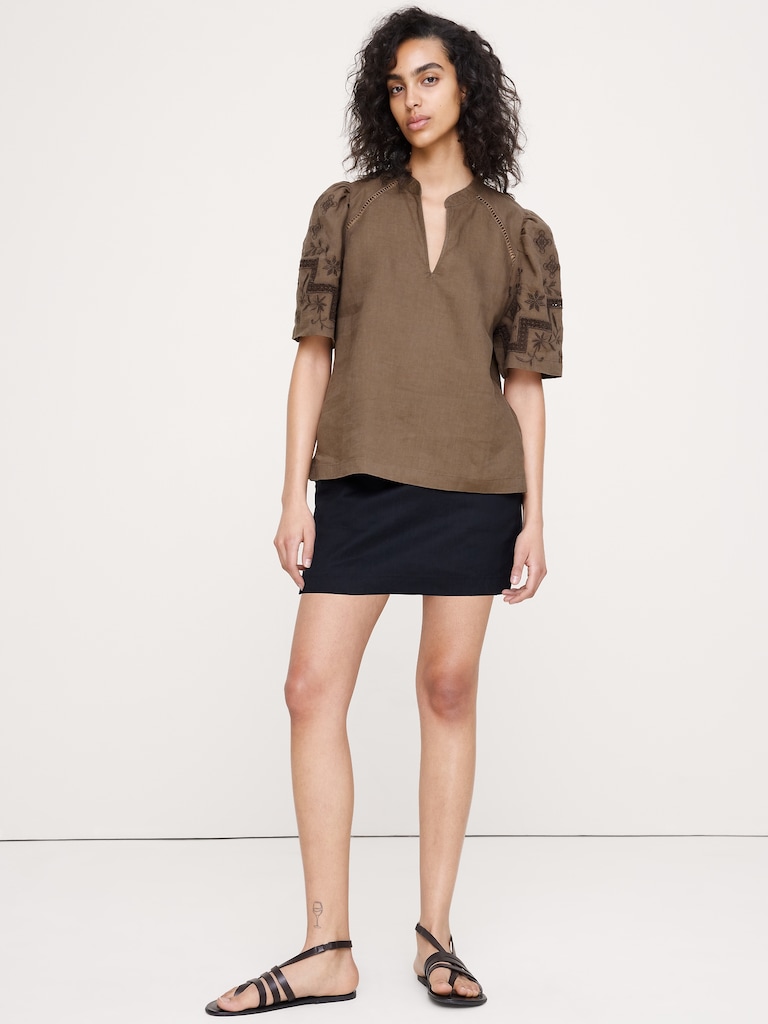 Embroidered Linen Puff-Sleeve Top