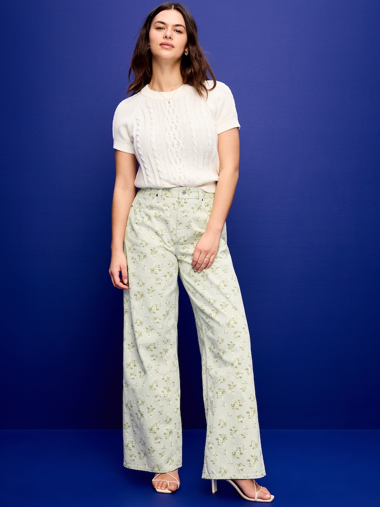 High-Waisted Baggy Floral Print Wide-Leg Jeans