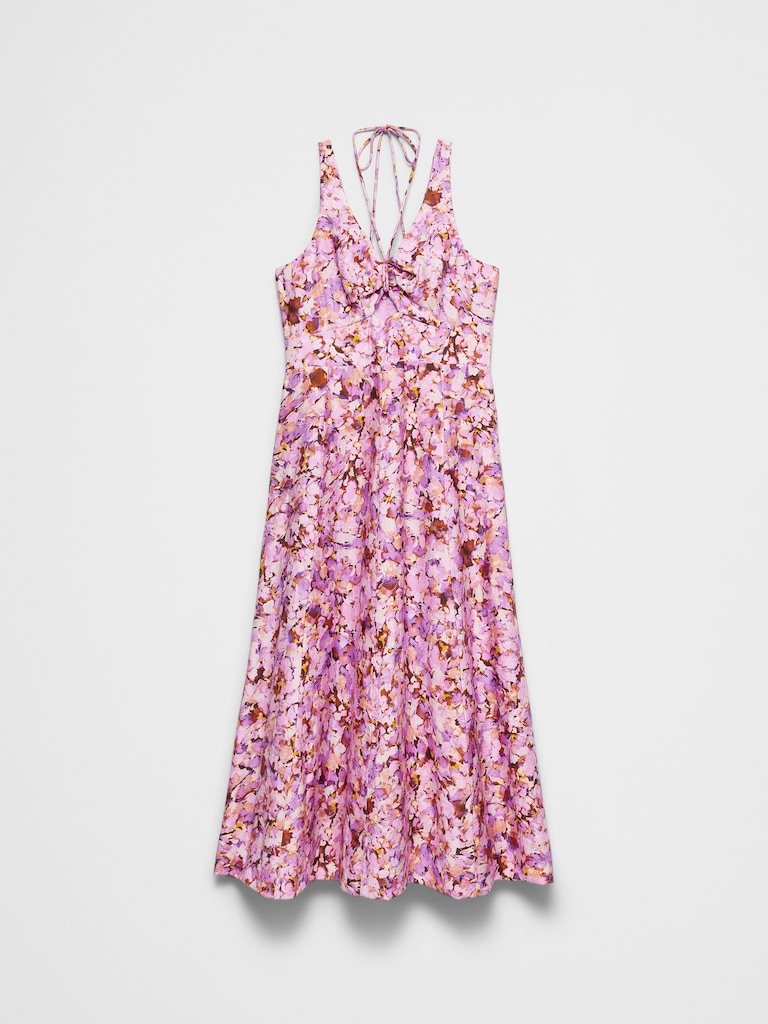 Linen-Blend Cutout Tie-Front Midi Dress