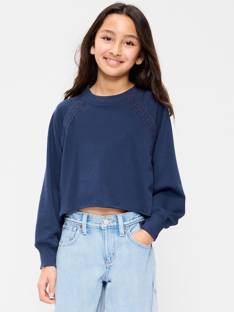 Lace-Trim French Terry Cropped Sweatshirt for Girls