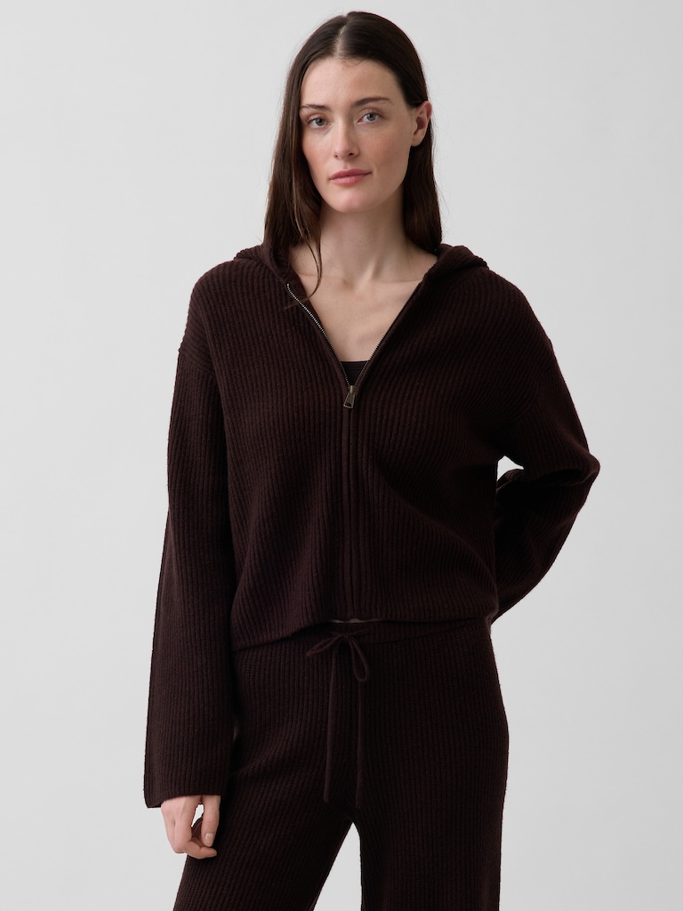 CashSoft Oversized Shaker-Stitch Zip Hoodie