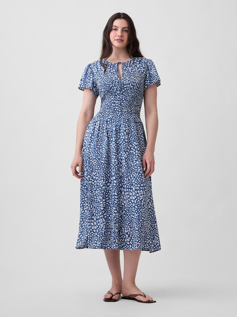 Smocked Flutter Sleeve Midi Dress