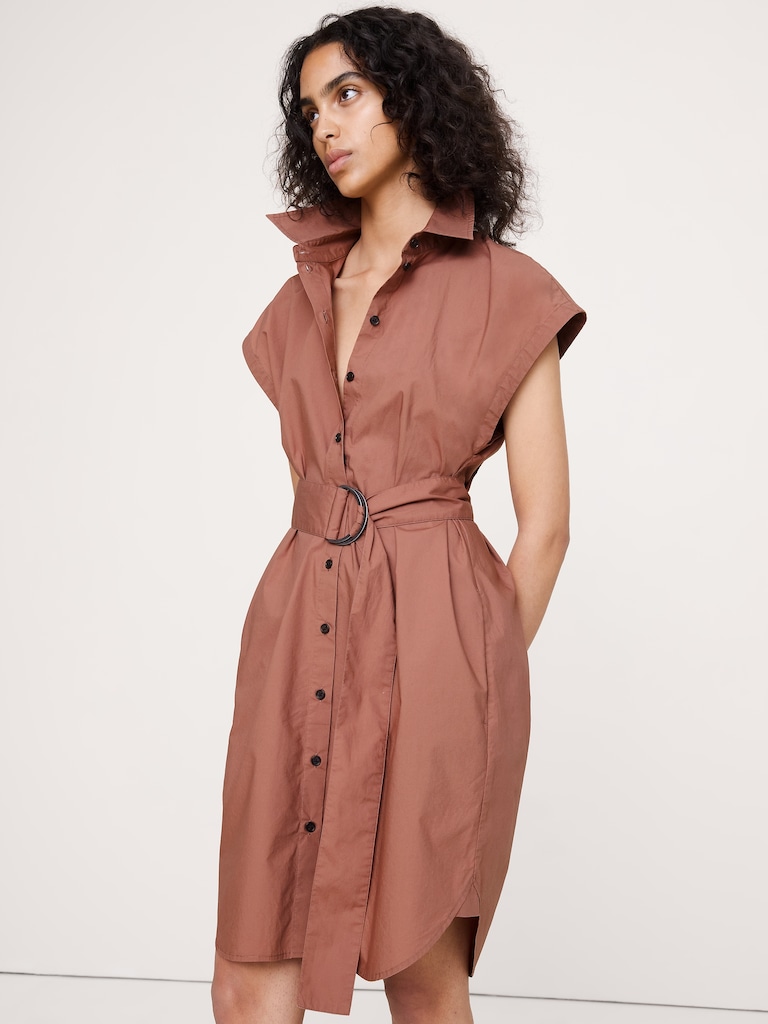 Cotton Poplin Belted Mini Shirt Dress