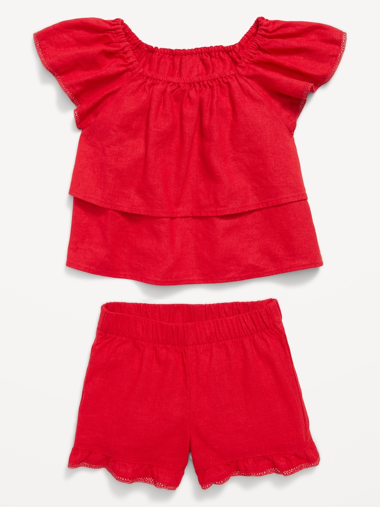 Short-Sleeve Ruffled Linen-Blend Top and Shorts Set for Toddler Girls