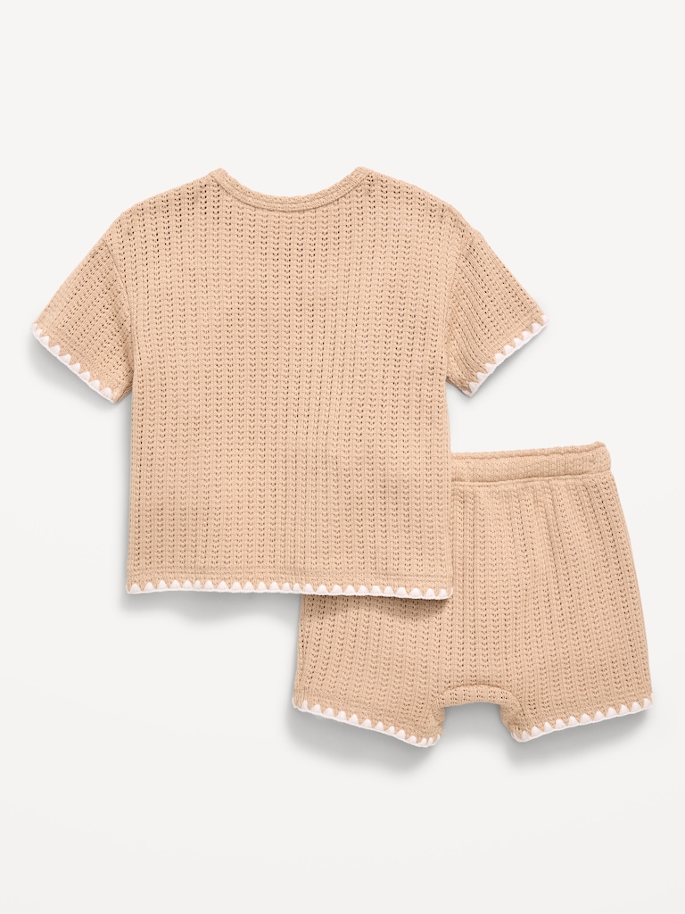 Short-Sleeve Crochet-Knit Top and Shorts Set for Baby