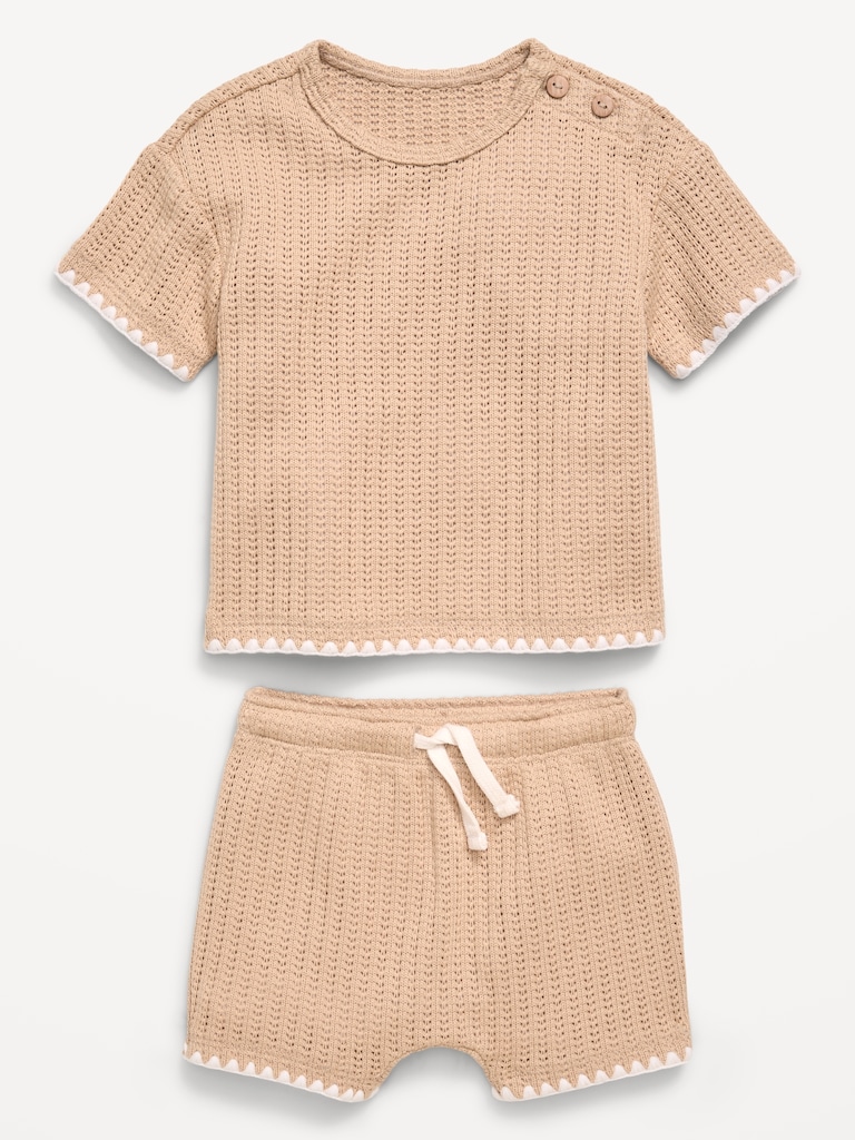 Short-Sleeve Crochet-Knit Top and Shorts Set for Baby